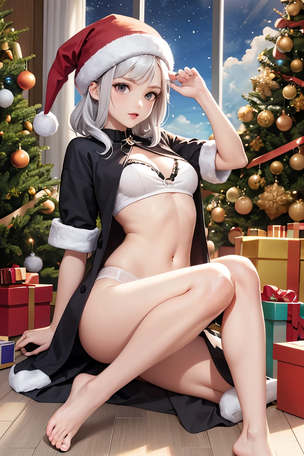 Colette brawl stars en vestidor. Full body and Christmas underwear , se ven los senos atraves de la ropa interior . Pechos grandes . Cabello blanco . Cabello Brillante, poses de gato . Fondo de un vestidor .