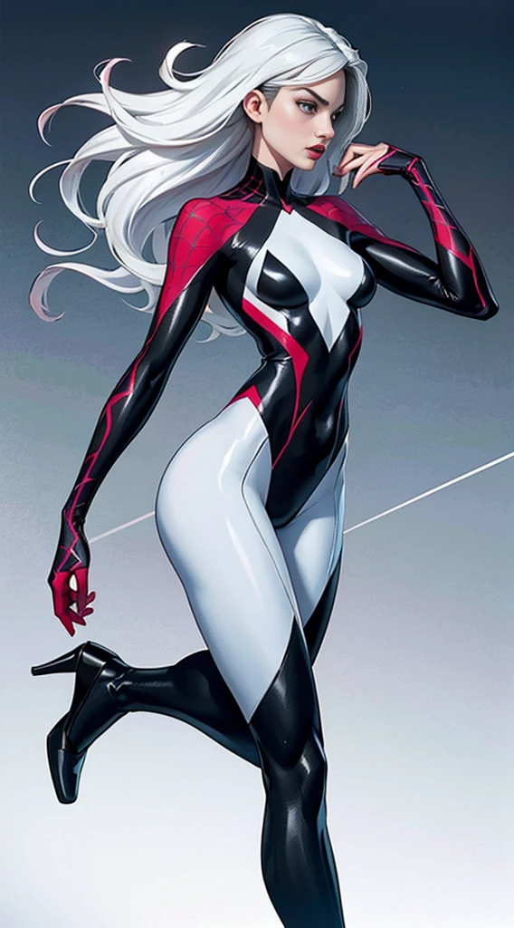 spider gwen, Hot, partial , hightquality, Dynamic Poses, Beautiful, Gorgeous, In love,Short suit, spider in a suit, white black red suit、Anne Hathaway