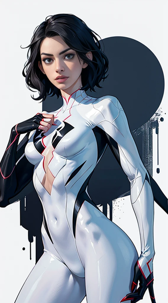 spider gwen, Hot, partial , hightquality, Dynamic Poses, Beautiful, Gorgeous, In love,Short suit, spider in a suit, white black red suit、Anne Hathaway