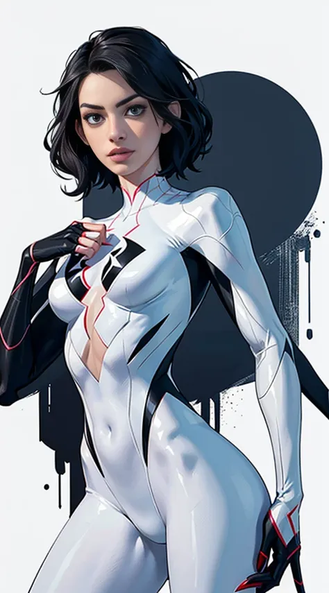 spider gwen, hot, partial , hightquality, dynamic poses, beautiful, gorgeous, in love,short suit, spider in a suit, white black ...