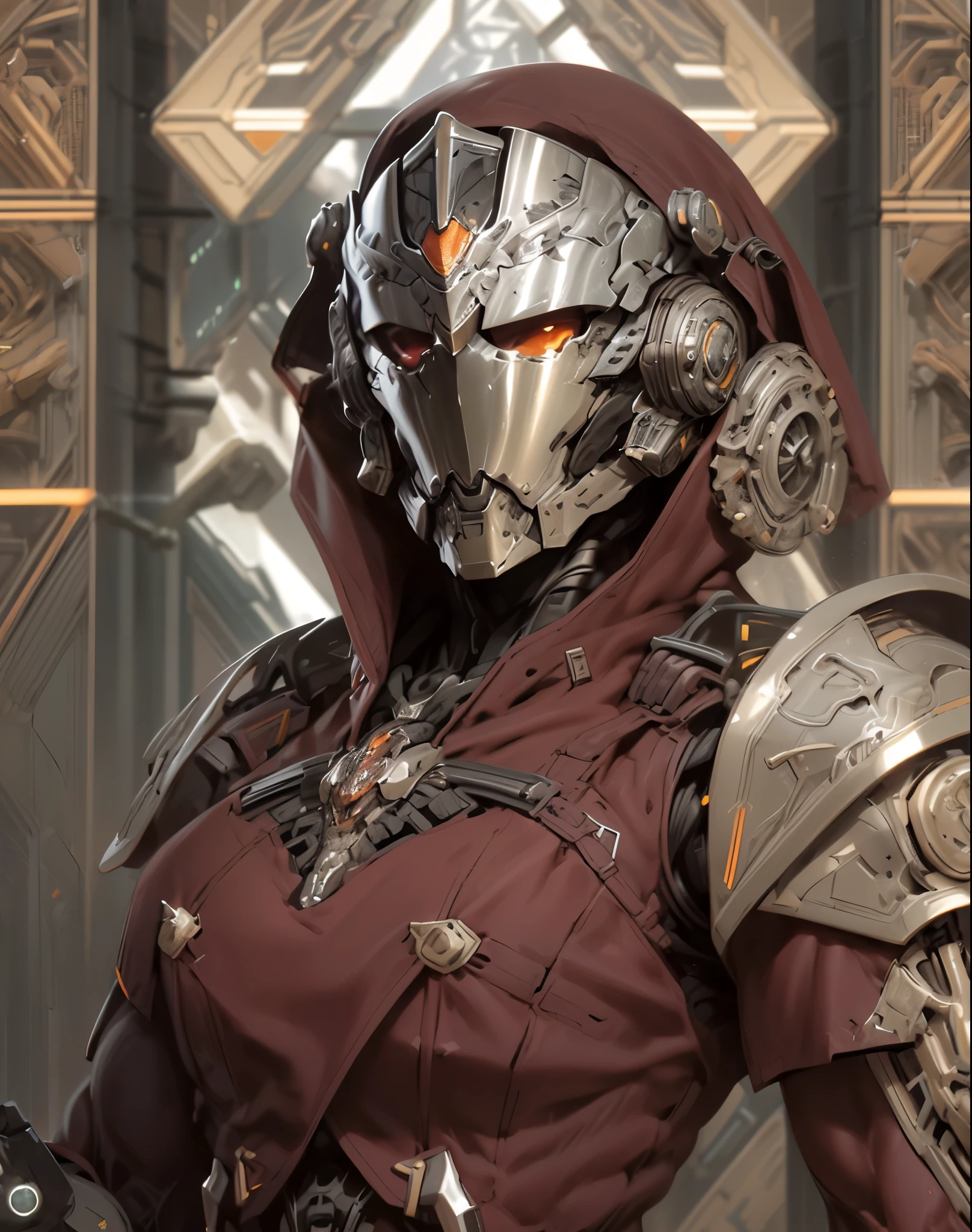 (((An epic and visually stunning digital anime masterpiece featuring a sylphlike masculine ((male:1.5)) decorated military dieselpunk cyborg soldier clad in a sleek yet tactical armored yet decorated leather military trench coat:1.2))), (((flat masculine male chest:1.5, mechanical full head helmet, mecha helmet with narrow orange eyes:1.5))), (((the character adorned in a (scifi tactical armored open front trench coat with a built in exoskeleton:1.5) (over a form fitted armor plated yet super sleek and revealing under suit with waist cut outs:1.3), the armor is beautifully engraved:1.4))), The image showcases the intricacies of the character’s armor and clothing:1.5, ((capturing their flamboyant essence and heavy mecha aesthetic:1.2)). The character also possesses an androgynous charm, (((with slim yet heavily muscled physique:1.2, sylphlike with a sleek waist, toned yet beautifully sleek cybernetic arms:1.3, mechanical arms and legs:1.3, mecha muscles:1.3))), looking at viewer, (((brass metal armor and brown leather, dieselpunk:1.3))), (((depth of field, cinematic lighting, chromatic aberration, ray tracing, UHD, masterpiece, top of head covered, super detail, high details, high quality, award winning, 8k, highres)))