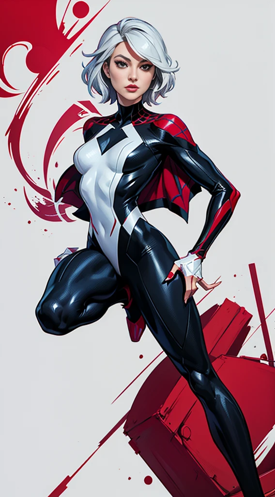 spider gwen, Hot, partial , hightquality, Dynamic Poses, Beautiful, Gorgeous, In love,Short suit, spider in a suit, white black red suit、Olivia Wilde