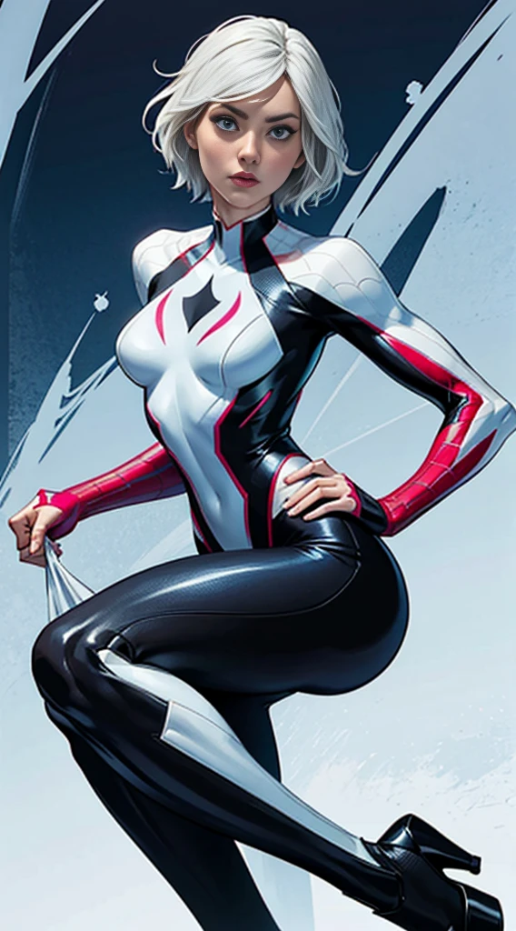 spider gwen, Hot, partial , hightquality, Dynamic Poses, Beautiful, Gorgeous, In love,Short suit, spider in a suit, white black red suit、Olivia Wilde