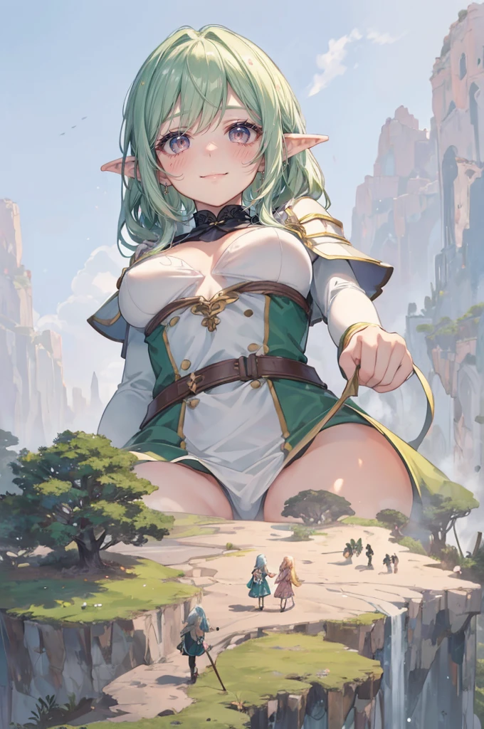 (tiny crowds of people in front of a giantess breasts: 1.2), (nature wilderness: 1.2), (a tiny crowd of people on a cliff in front of the breasts of a giantess: 1.2), (tiny adventurers: 1.1), (crowds of tiny people in front of a girl: 1.1), (crowds of tiny people on a cliff: 1.1), (bright winter pastel sky background:1.3), giantess girls in the background, multiple girls, (giantess:1.1), cliffs, hills, trees, mountains, forest, elfgirl, (foreshortening:1.3), (very tall girl:1.2), (giantess:1.2), view from below, panties, archer dress, armor, high elf, behind a tiny cliff, (crowds of tiny people: 1.4), (tiny adventurers:1.4), (crowds:1.5), (tiny people: 1.5), fantasy, (tiny people on a cliff: 1.2), (minigirl:1.1), (2girls:1.5), cliffs, hills, trees, mountains, (mature adult age girl: 1.5), scared, happy, >:D, blushing, anime style 4 k, beautiful anime portrait, very detailed, simple colors, pastel, (vibrant and aesthetically pleasing), (a woman with a fragile build: 1.1), (smooth shiny skin: 1.1), (absurdres:1.1), (huge breasts with cleavage:1.3), (tall girl:1.4), smug smile,