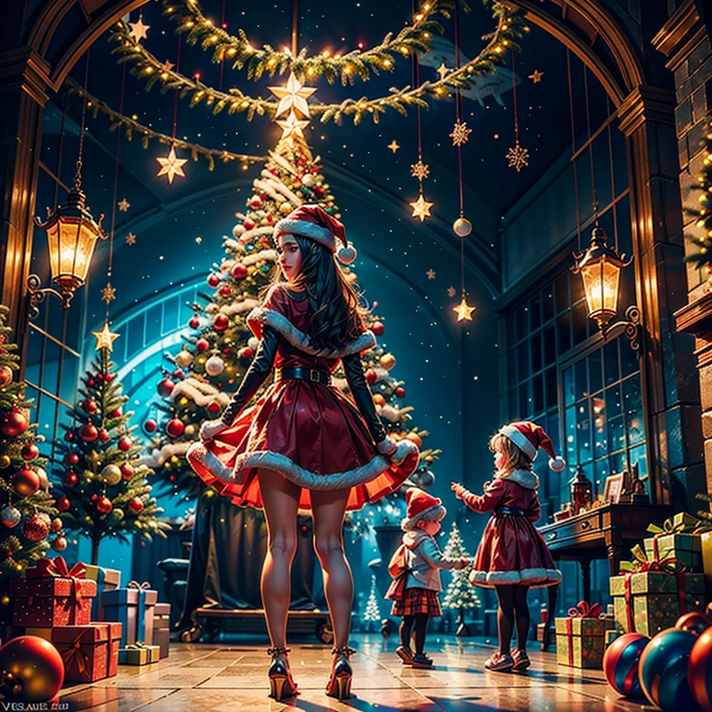 (((Vector illustration style)))，Vibrant colors, magical ambiance, Whimsical, Sparkling, Fantasy Christmas World,vibrant with colors, vivd colour, Magical atmosphere, Whimsical, Sparkling，Fantasy Christmas World，Inside the Christmas mall，The huge Christmas tree hung with lights、pompon、Christmas socks，Christmas pendants，Piles of gifts placed under the tree。A young couple and a child admire the Christmas decorations in the mall，Surrounded by performers in Santa Claus costumes and Santa Claus statues。The Christmas mall like a fairy tale world，full of magic， (Ghibli-like colours, pov, first-person view, accurate, anatomically correct, super detail, high details, high quality, award winning, best quality) 🎈🍦🍹❤🔆🕡(😘👩🎀👗⚜👒🥿👡🩲💅)🎪🎢🎡🎠 ultra_high-def ultra_Photo-realistic optimal ultra_high-quality opengl-shaders ultra_high-details accurate reflex ultra_high-res perfection volumetric lightning improved Octane_rendues UHD XT3 DSLR HDR 3dcg shadow analogiques extatiques symmetrical beholder sundrop Cinematic_sunlight UnrealEngine5 Ultra Masterpiece deep path Equirectangular_360 varied multi etc. --s 1000 --c 20 --q 20 --chaos 100
