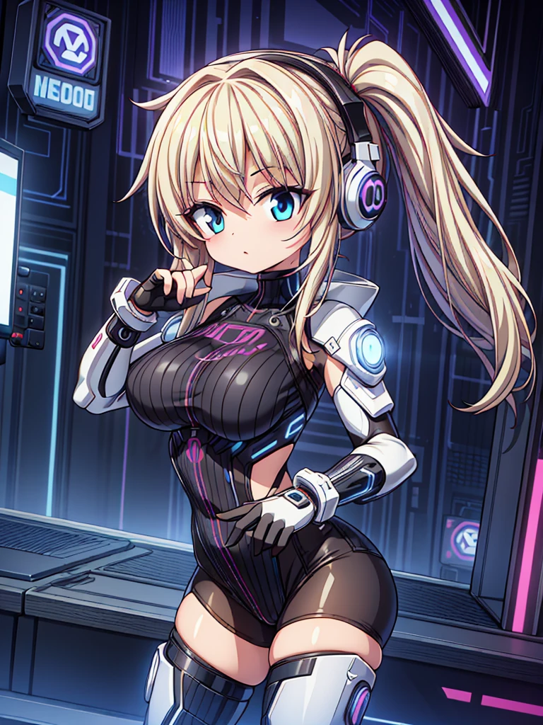 4K,hight resolution,One Woman,White blonde hair,poneyTail,head phone,Colossal tits,ninjartist,White Cybersuit,Cyberpunk Handgun,underground city