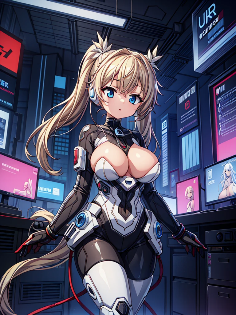 4K,hight resolution,One Woman,White blonde hair,poneyTail,head phone,Colossal tits,ninjartist,White Cybersuit,Cyberpunk Handgun,underground city