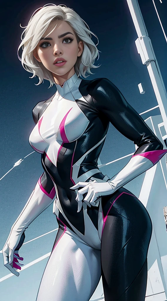 spider gwen, Hot, partial , hightquality, Dynamic Poses, Beautiful, Gorgeous, In love,Short suit, spider in a suit, white black red suit、Emily Bett Rickards