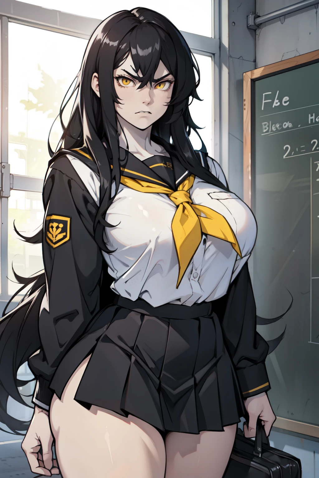 (1girl), black hair, extremely long hair, yellow eyes, ((muscular)), huge breasts, thick thighs, solo, angry, (pale skin), cowboy shot, (school uniform) best quality best quality best quality