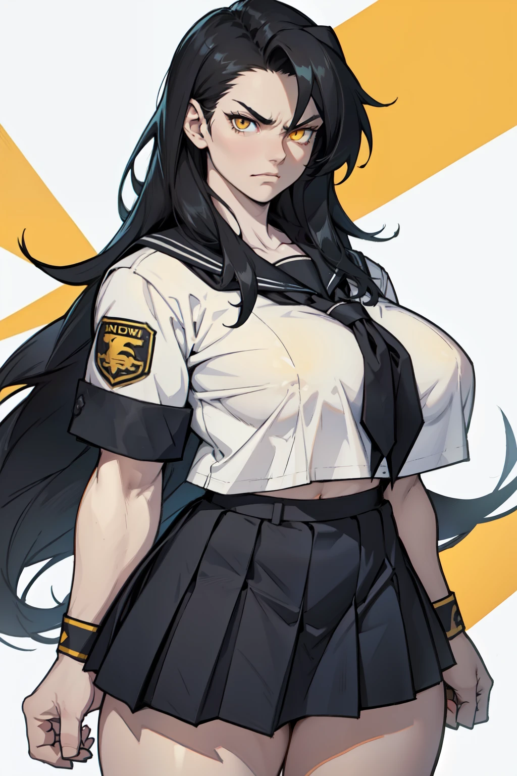 (1girl), black hair, extremely long hair, yellow eyes, (((muscular))), huge breasts, thick thighs, solo, angry, (pale skin), cowboy shot, (school uniform)