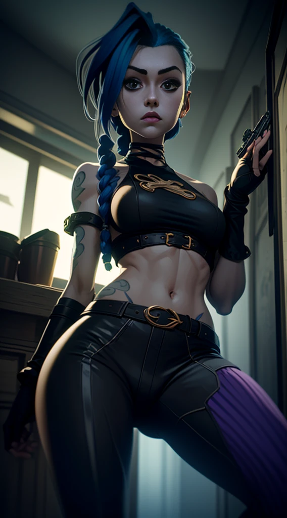 Jinx ,smile  , huge breasts , full nude, detailed face, detailed eyes ,arrow waist, erotic pose, curvy ,thicc ass, background city in the night, fullbody , so sweat, belt bullet.