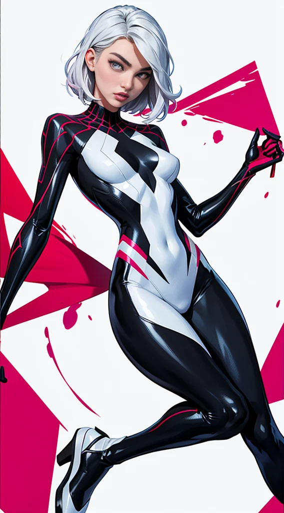 spider gwen, Hotly, partial , high quality, dynamic pose, Beautiful, gorgeousl, in love,Short suit, spider in a suit, white black red suit、Anne Hathaway