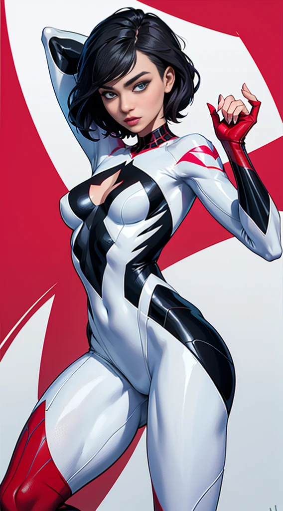 spider gwen, Hot, partial , hightquality, Dynamic Poses, Beautiful, Gorgeous, In love,Short suit, spider in a suit, white black red suit、Miranda Kerr