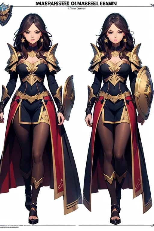 ((Masterpiece, Highest quality)), Detailed face, CharacterDesignSheet, full bodyesbian, Full of details, Multiple poses and expressions, Highly detailed, Depth, Many parts,Beautiful paladin girl,holding a shield,Extremely beautiful,High Balance, Natural light, Lace,lacepantyhose,black in color,starrysky,Star decoration
