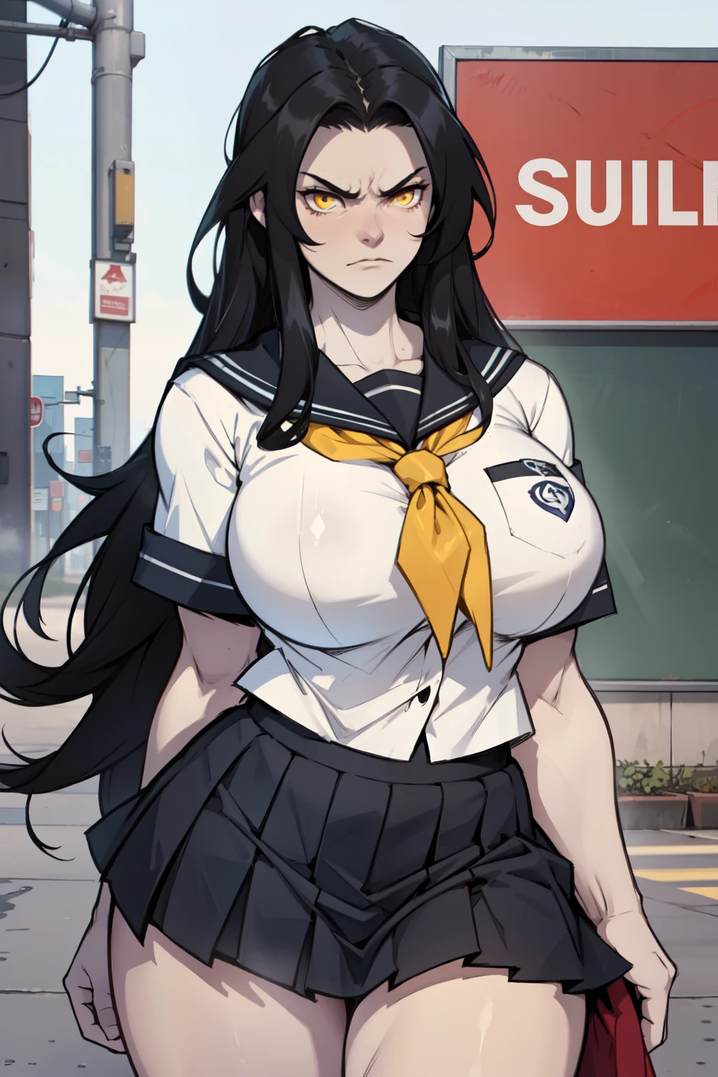 (1girl), black hair, extremely long hair, yellow eyes, muscular, huge breasts, thick thighs, solo, angry, (pale skin), cowboy shot, (serafuku)