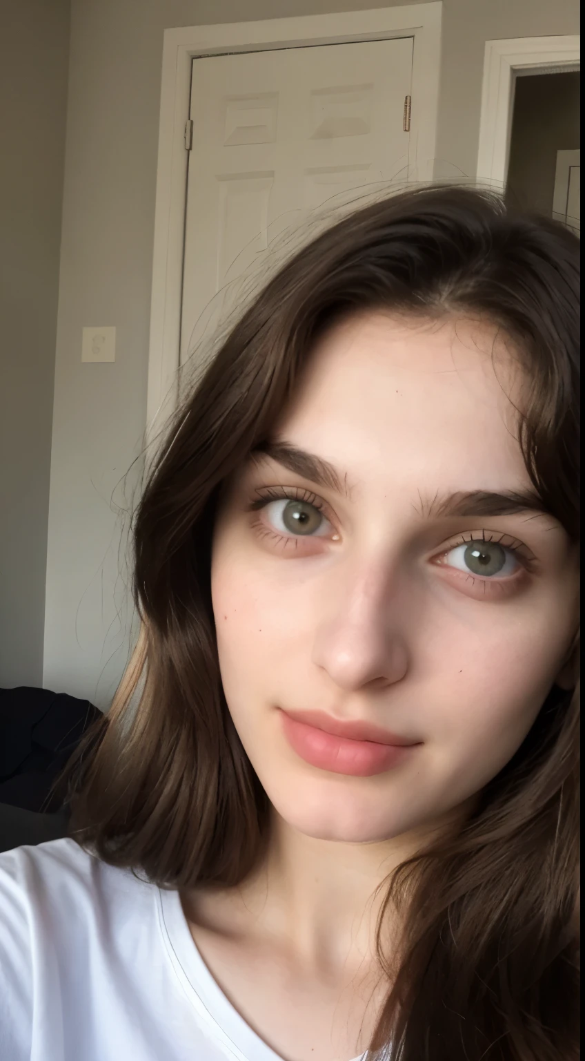 ((Front facing camera selfie)), 18 yo girl named Zahra Amiri, (straight nose), (prominent nose bridge), (female face golden ratios), long dense dark brown hair, (pale skin:1.25), (hazel eyes), thin eyebrows, high cheekbones, beautiful plump lips, big natural breasts, wearing tshirt, apartment background, smirk