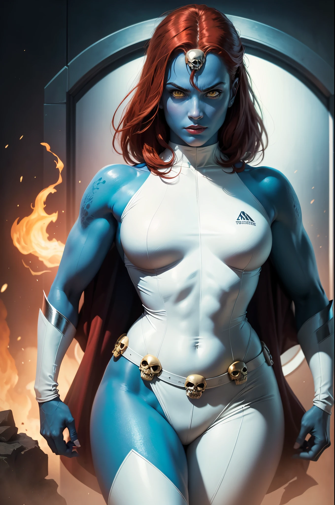 8k, mystique, (cool superhero pose), detailed pupils, white bodysuit, skull belt, masterpiece, best quality, detailed, comics style, (looking at viewer:1.25), 25 years old, blue skin, red hair, yellow eyes, pretty face