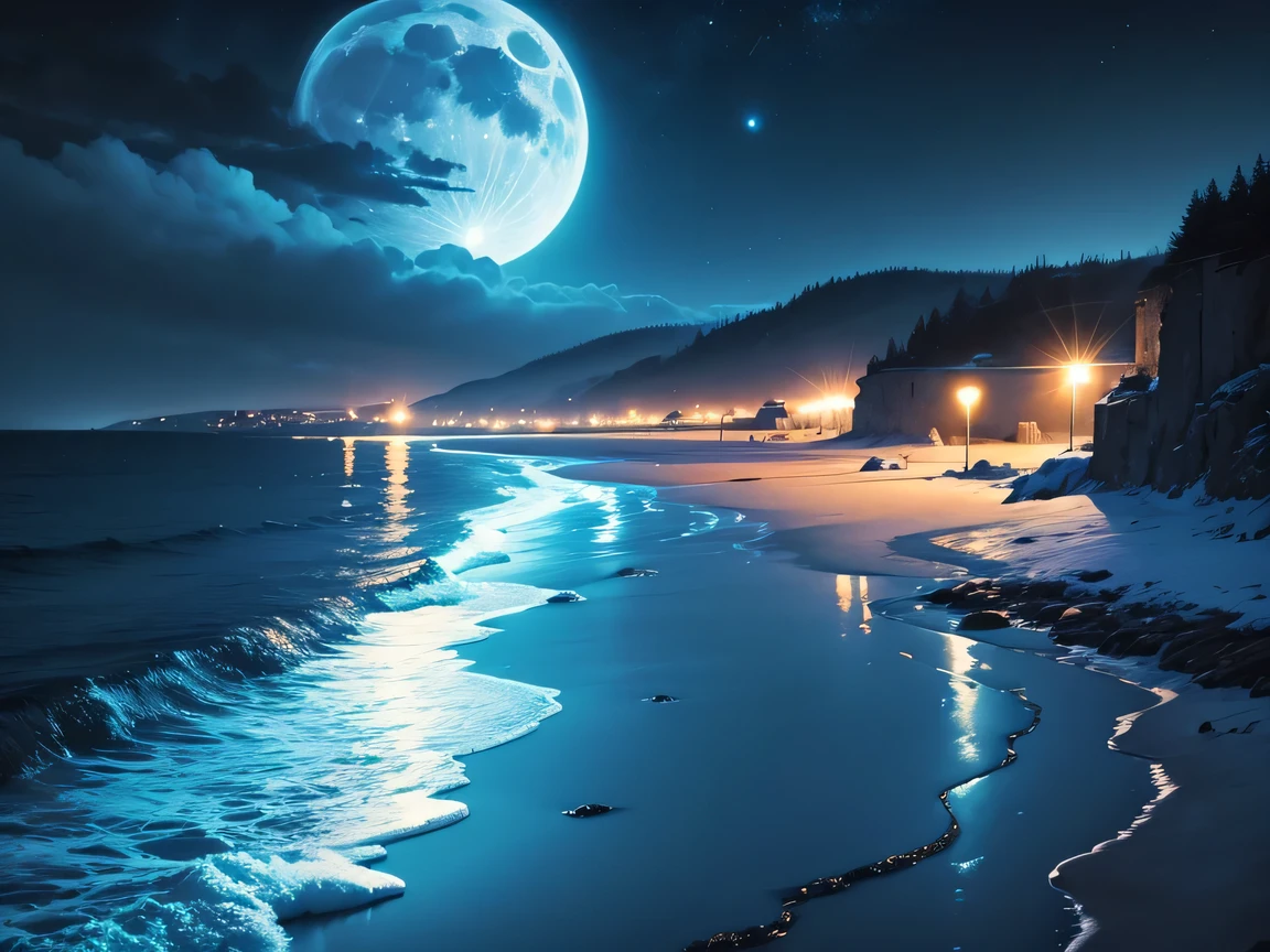 paysage Mer bleu fluo avec lune et ciel nocturne, ultra realist