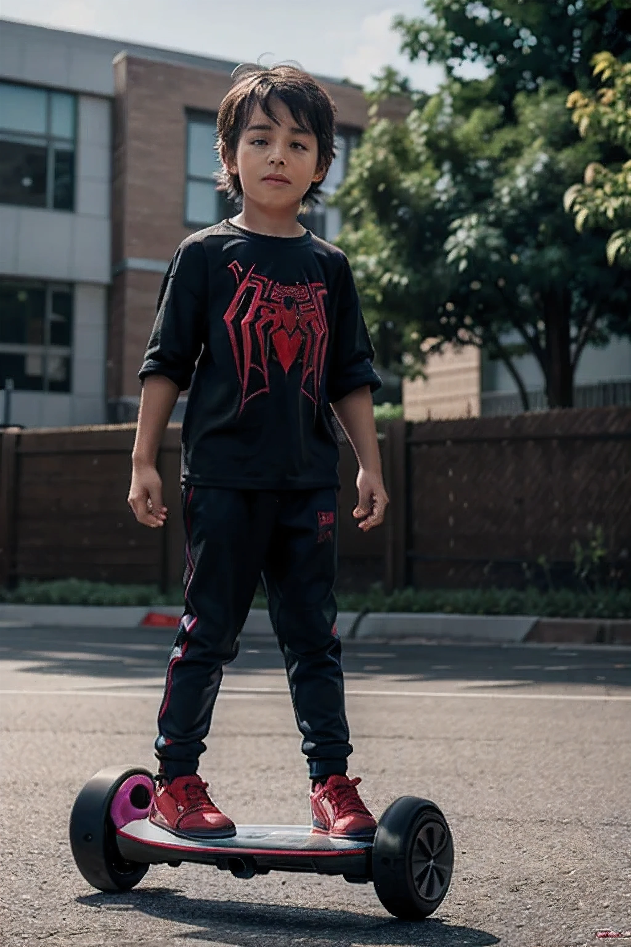 Child riding a surfboard wearing a Spider-Man shirt