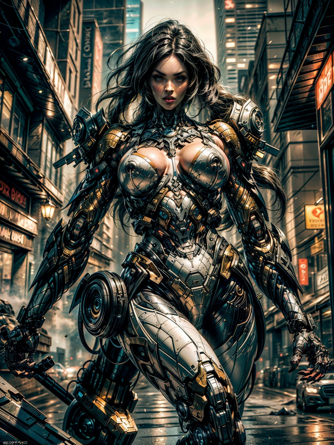 (megan fox), Cinematic, hyper-detailed, and insanely detailed, this artwork captures the essence of a muscular cyborg girl. Beautiful color grading, enhancing the overall cinematic feel. Unreal Engine brings her anatomic cybernetic muscle suit to life, appearing even more mesmerizing. With the use of depth of field (DOF), every detail is focused and accentuated, drawing attention to her eyes and the intricate design of the anatomic cybernetic muscle suit . The image resolution is at its peak, utilizing super-resolution technology to ensure every pixel is perfect. Cinematic lighting enhances her aura, while anti-aliasing techniques like FXAA and TXAA keep the edges smooth and clean. Adding realism to the anatomic cybernetic muscle suit, RTX technology enables ray tracing. Additionally, SSAO (Screen Space Ambient Occlusion) gives depth and realism to the scene, the girl's anatomic cybernetic muscle suit become even more convincing. In the post-processing and post-production stages, tone mapping enhances the colors, creating a captivating visual experience. The integration of CGI (Computer-Generated Imagery) and VFX (Visual Effect brings out the anatomic cybernetic muscle suit's intricate features in a seamless manner. SFX (Sound Effects) complement the visual artistry, immersing the viewer further into this fantastic world. The level of detail is awe-inspiring, with intricate elements meticulously crafted, the artwork hyper maximalist and hyper-realistic. Volumetric effects add depth and dimension, and the photorealism is unparalleled. The image is rendered in 8K resolution, ensuring super-detailed visuals. The volumetric lightning adds a touch of magic, highlighting her beauty and the aura of her anatomic cybernetic muscle suit in an otherworldly way. High Dynamic Range (HDR) technology makes the colors pop, adding richness to the overall composition. Ultimately, this artwork presents an unreal portrayal of a super muscled cyborg girl