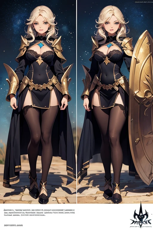 ((Masterpiece, Highest quality)), Detailed face, CharacterDesignSheet, full bodyesbian, Full of details, Multiple poses and expressions, Highly detailed, Depth, Many parts,Beautiful paladin girl,holding a shield,Extremely beautiful,High Balance, Natural light, Lace,lacepantyhose,black in color,starrysky,Star decoration