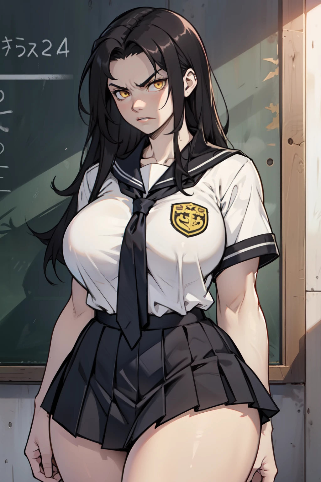 (1girl), black hair, extremely long hair, yellow eyes, ((muscular)), huge breasts, thick thighs, solo, angry, (pale skin), cowboy shot, (school uniform)