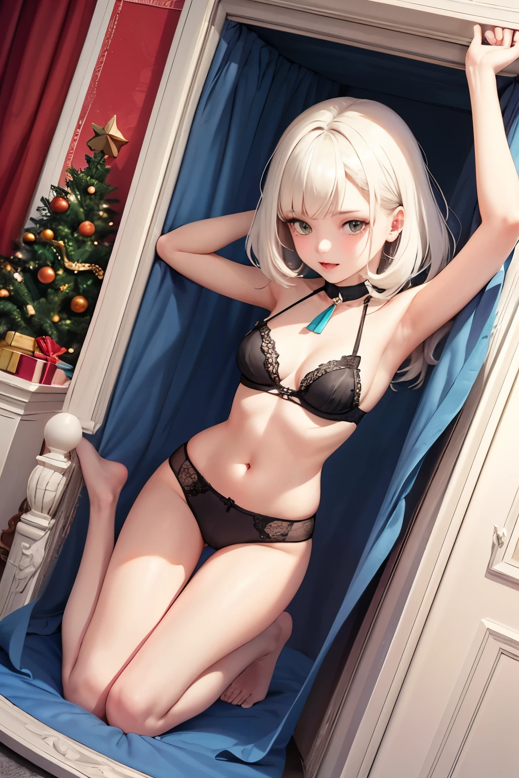 Colette brawl stars en vestidor. Full body and Christmas underwear , se ven los senos atraves de la ropa interior . Pechos grandes . Cabello blanco . Cabello Brillante, poses de gato . Fondo de un vestidor .