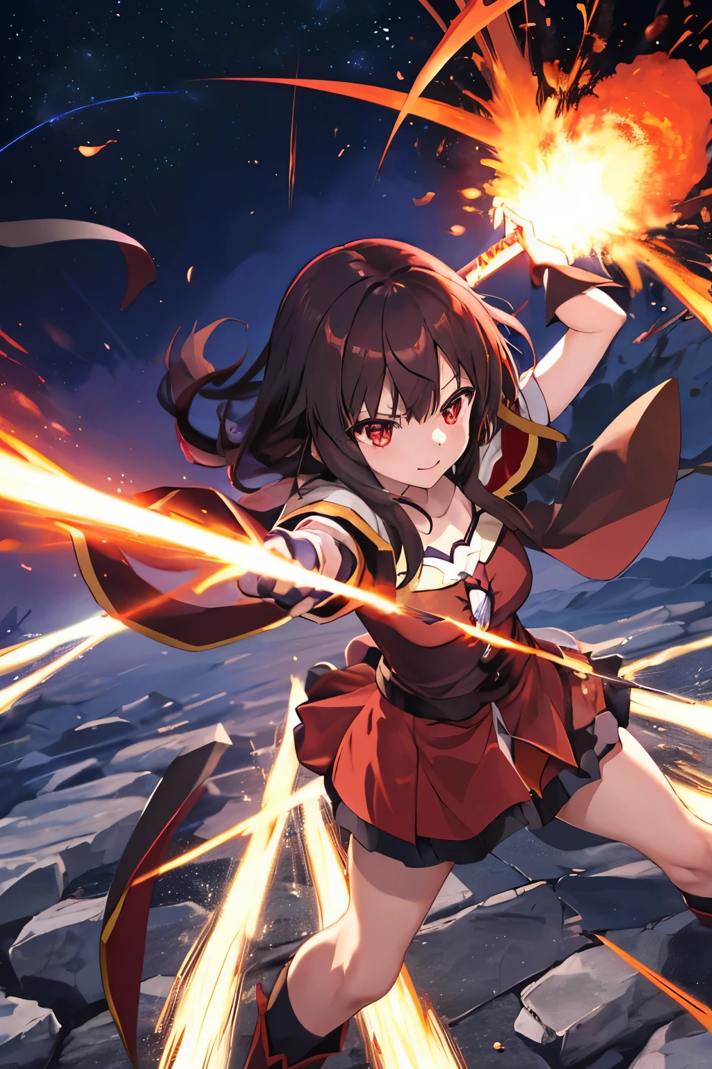 Megumin com a roupa da lllya do anime Fate/kaleid linear, red eyes, cabelos curtos, cabelos castanhos, with magic staff blowing up everything.
