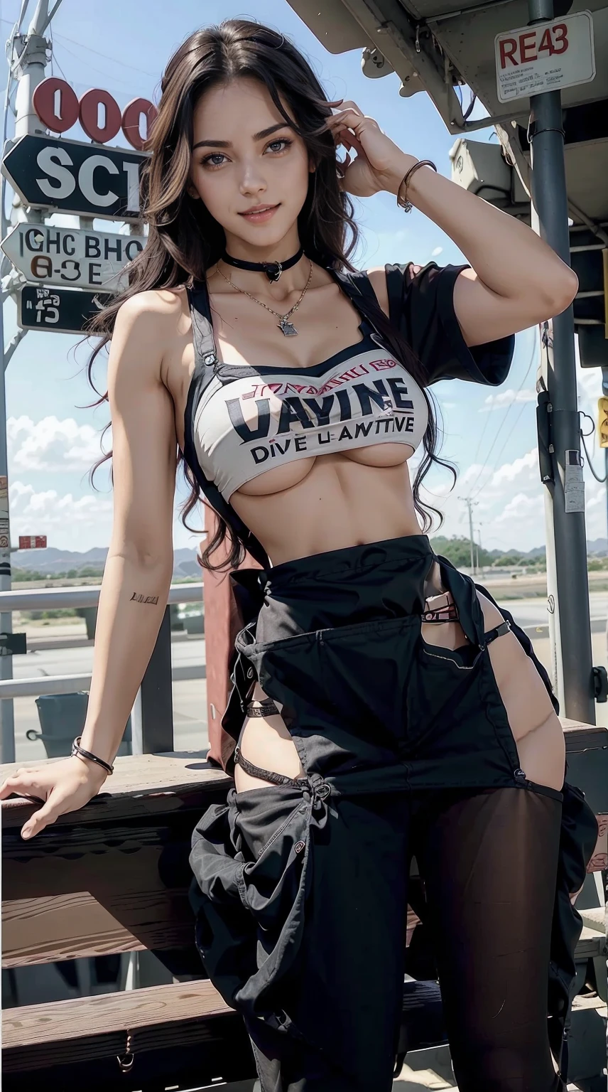 24-year-old woman、Hair color is black、Eye color is dark brown、Longhaire、Straight hair、Slender but well-proportioned muscular man、a smile、My abs are cracked、I can see the belly button、I'm wearing a necklace、accessories on wrist、She's wearing a T-shirt that shows her underboob.、I'm wearing high heels、wearing sheer pants、wearing an apron on the waist、a smile、wearing a lace choker、I'm a waitress at a drive-in in America.