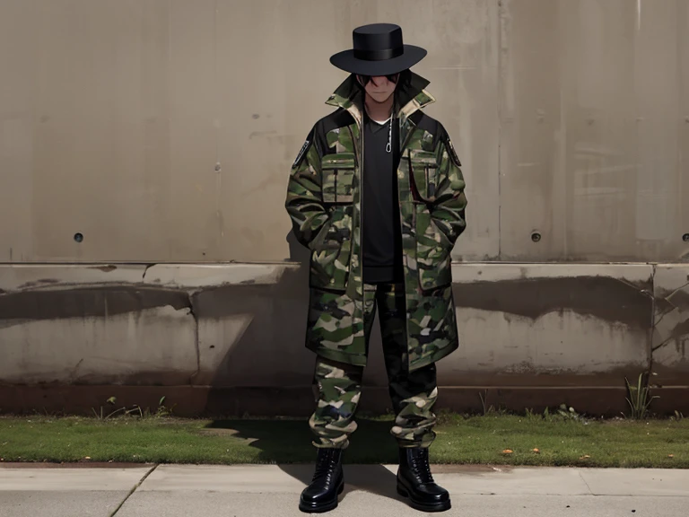 character] a sociopathic man with a hat that covers part of his face and bangs that hide his eyes giving off style and a hunter&#39;s camouflage coat with hunter&#39;s camouflage pants and black shoes. com leve sorriso de um enganador mentiroso visao de terceira pessoa