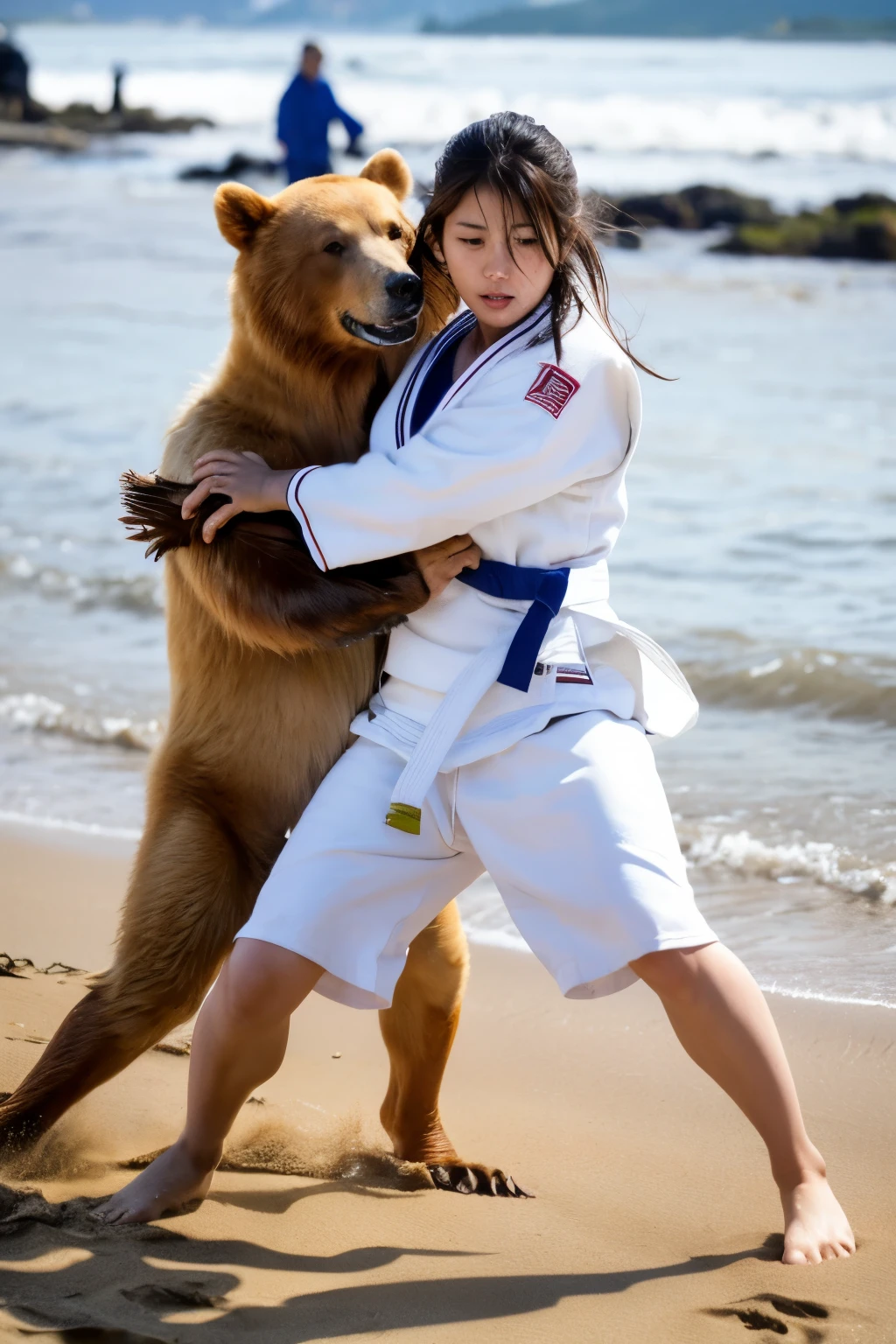 Asian woman in judo uniform、Fighting a bear on a rainy beach