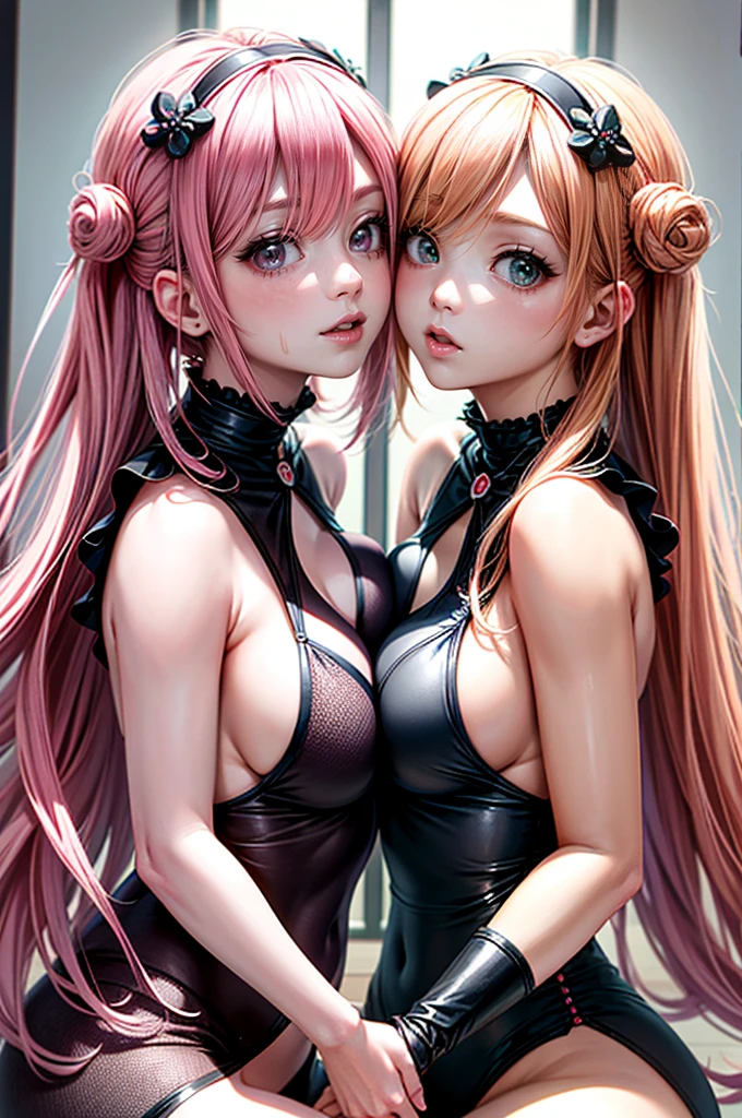 (Best Quality, 4K, 8K, hight resolution, masutepiece:1.2), Pink hair、bobhair、her breasts are beautiful and big。you are twins。There are twin faces in the close-up。twins kiss me。