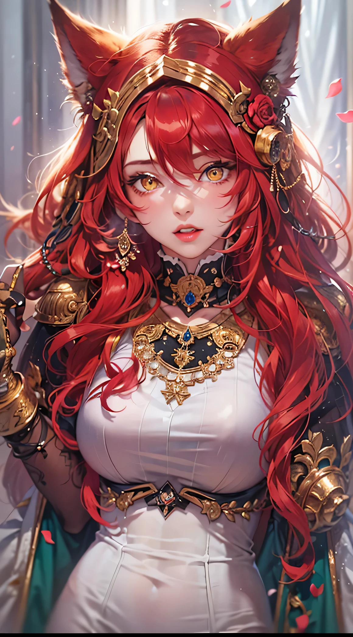 Red Wolf Girl, red hair with white roses, Yellow eyes, wolf ears on the head, dressed in a satin emerald dress in hussar style, stand-up collar, gold pendants with chains on the chest, Hairstyle from hair, graceful, overdetalization, Masterpiece, hyper realisitc, 4k? Full HD