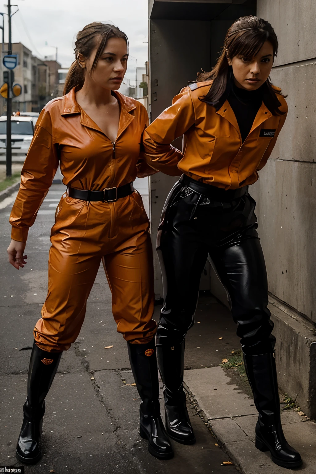 a girl wearing an orange prison jumpsuit and black Hunter rubber boots is arrested by a female police officer wearing a leather uniform