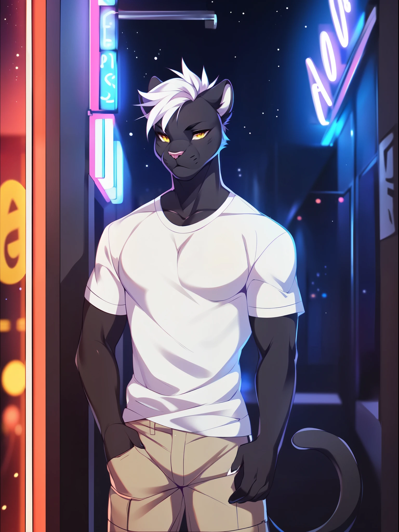 Solo, male, an anthro furry panther boy, a single panther tail, muscular, broad shoulders, white hair, faux hawk hair, yellow eyes, by fumiko, by hyattlen, by zackary911, indoors, white shirt, khaki shorts, standing, buff, arms crossed, front view, leaning his back against a wall, standing next to a busy club entrance, nighttime, bar lights