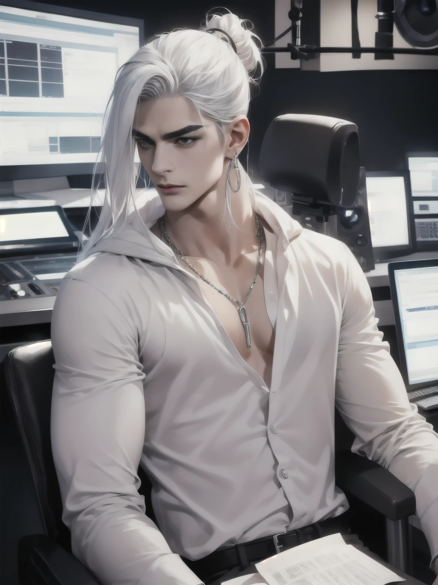 1guy, solo, 33-Year-Old Korean Guy. Black eyes, fox eyeshape, monolid hooded eyes. Visible Eyelashes, fairly straight nose, slightly arched nose bridge, full light red lips, no facial hair, Straight Eyebrows. defined cheekbones, defined jawline, diamond face shape, ghostly pale Skin. masculine pretty. slender figure, but defined chest muscle. dyed white hair, long white hair, high man bun, messy manbun, silver chain earrings on both ears. silver chain necklace, white formal dress shirt with the sleeves rolled up, sitting back on a black chair in a recording studio. unimpressed annoyed expression, sitting with arms crossed over his chest, veiny hands, perfect hands, nice hands, silver thin rings on right hand fingers