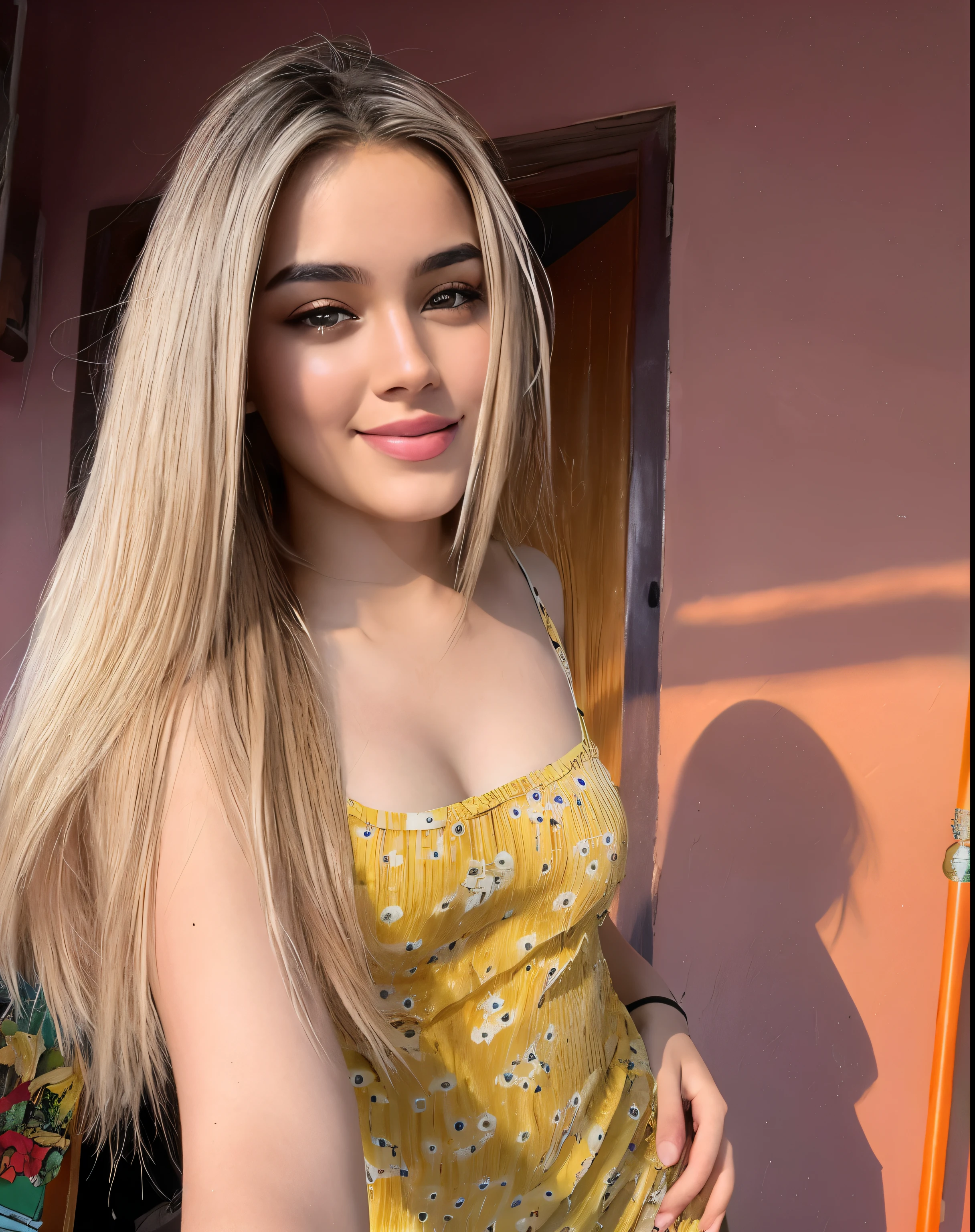 1girl em, idade19, sozinho, cabelos longos, Wet,Seios colossais, Olhando para o Viewer, cabelos loiros, bareshoulders, olhos castanhos, joias, corpo inteiro, um colar ,jeans azul e regata, estilo cachorrinho,Wet, sorriso doce, ultra realistic, Uma foto sexy tirada com um iPhone 14 Pro