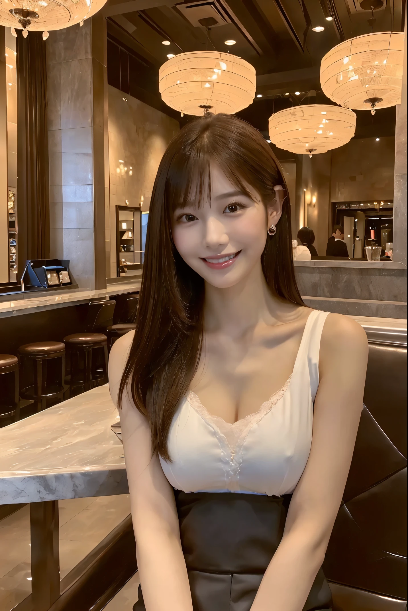 (The ultra -The high-definition:1.5)(ultra-detailliert:1.3) (ultra-quality) (An ultra-high picture quality:1.5) (rialistic photo:1.3) A Japanese Lady　21years old　((detailed and beautiful faces:1.3)) ((realistic skin textures:1.3)) ((Precise, high-quality eyes:1.3)) ((The beauty of detailed and high quality ears)  ((Very fair and transparent skin:1.3)) ((Beautifully groomed straight short bob hair)) ((Complete body))beautiful proportion　(Very thin sleeveless shirt)　The background is the inside of a cafe at dusk..　Beautiful, Luxurious and stylish interior　((smile kindly at the viewer:1.3)) Colossal tits　Very beautiful high definition image quality ((extremely beautyful girl)) ((Highly detailed and high quality images:1.3)) Put your hands on your knees　Show thighs