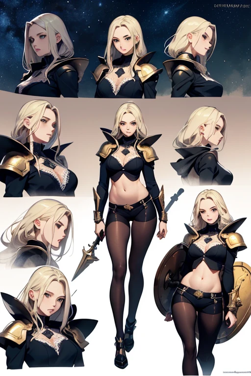 ((Masterpiece, Highest quality)), Detailed face, CharacterDesignSheet， full bodyesbian, Full of details, Multiple poses and expressions, Highly detailed, Depth, Many parts，Beautiful paladin girl，holding a shield，Extremely beautiful，High Balance, Natural light, Lace，lacepantyhose，black in color，starrysky，Star decoration, exposed belly