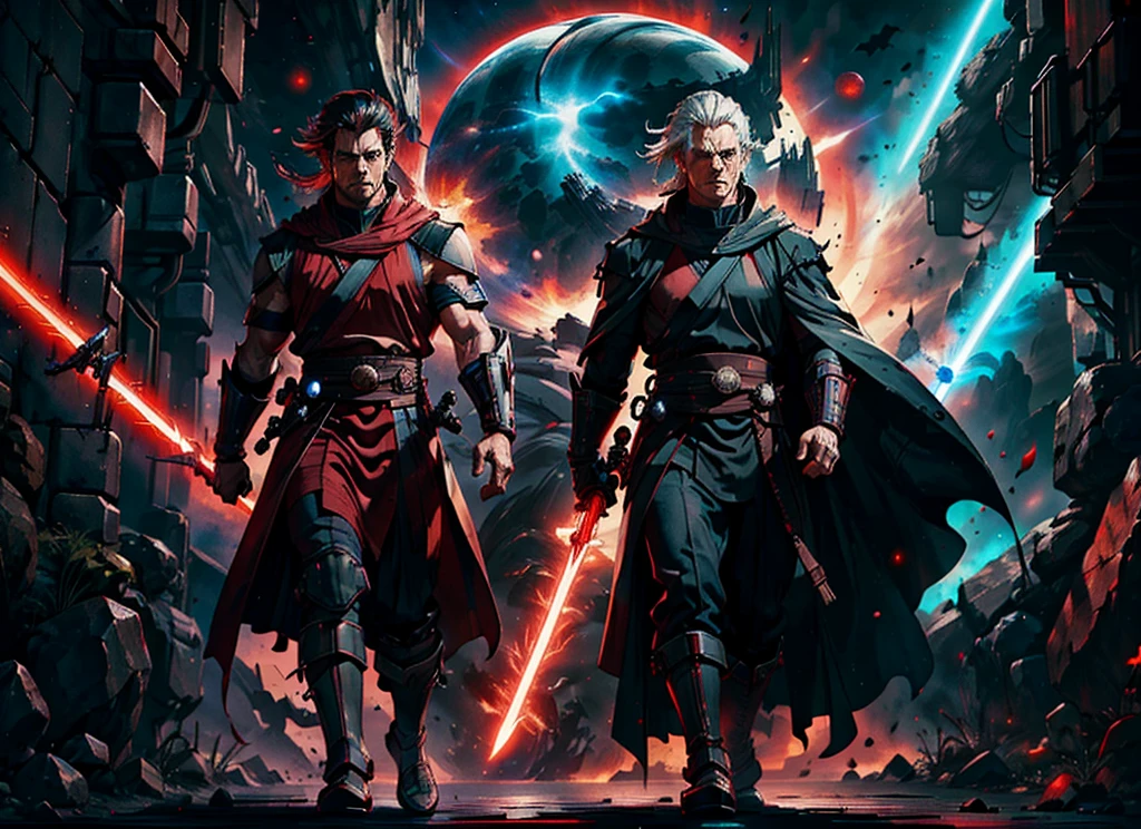 2 fierce Jedi warriors, men, sith robes, red light sabers, ready for war, space opera, massive space ships, traces of the force around the men