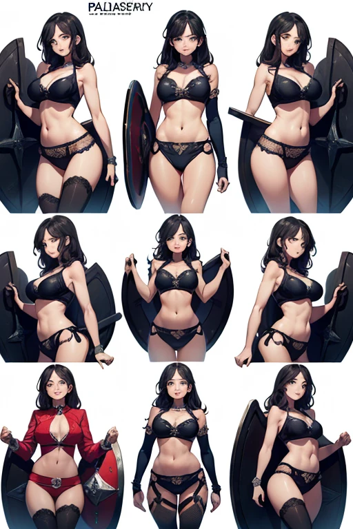 ((Masterpiece, Highest quality)), Detailed face, CharacterDesignSheet, full bodyesbian, Full of details, Multiple poses and expressions, Highly detailed, Depth, Many parts,Beautiful paladin girl,holding a shield,Extremely beautiful,High Balance, Natural light, Lace,lacepantyhose,black in color,starrysky,Star decoration, exposed belly