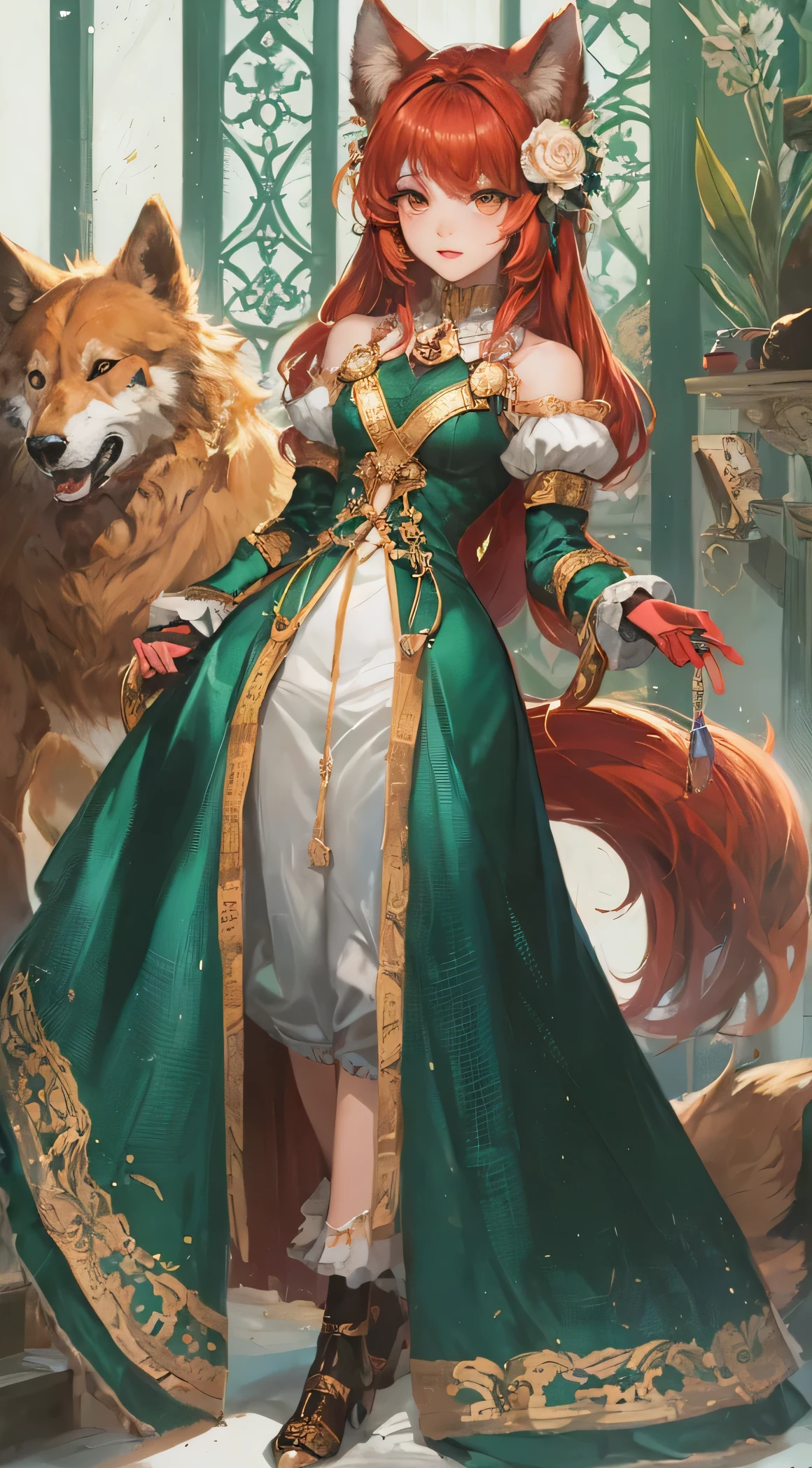 Red Wolf Girl, red hair with white rose braids, Yellow eyes, wolf ears on the head, dressed in a satin emerald dress in hussar style, stand-up collar, gold pendants with chains on the chest, Hairstyle from hair, graceful, overdetalization, Masterpiece, hyper realisitc, 4k? Full HD
