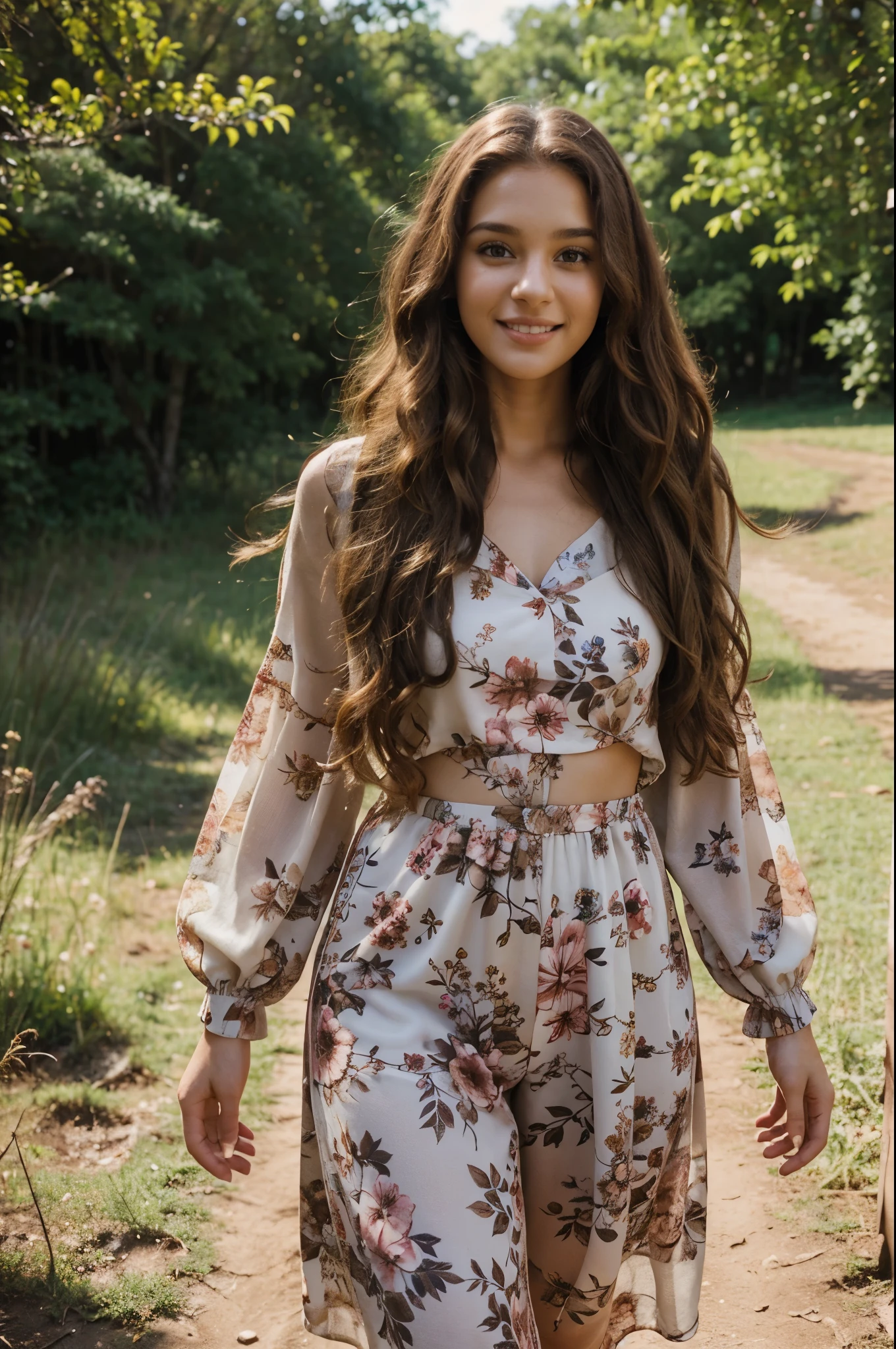 random photo of a brown 25 year old beautiful model, wearing floral outfit, walking in nature, long curly brown hairs, brown eyes, happy face, realistic photography