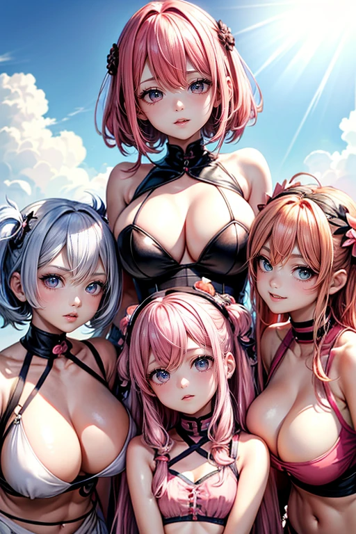 (Best Quality, 4K, 8K, hight resolution, masutepiece:1.2), Pink hair、bobhair、her breasts are beautiful and big。you are twins。The twins' faces are right in front of me。the twins stare at me。