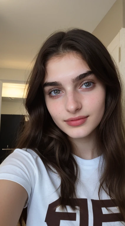 ((Front facing camera selfie)), 18 yo girl named Zahra Amiri, (straight nose), (prominent nose bridge), (female face golden ratios), long dense dark brown hair, (pale skin:1.25), (hazel eyes), thin eyebrows, high cheekbones, beautiful plump lips, big natural breasts, wearing tshirt, apartment background, smirk
