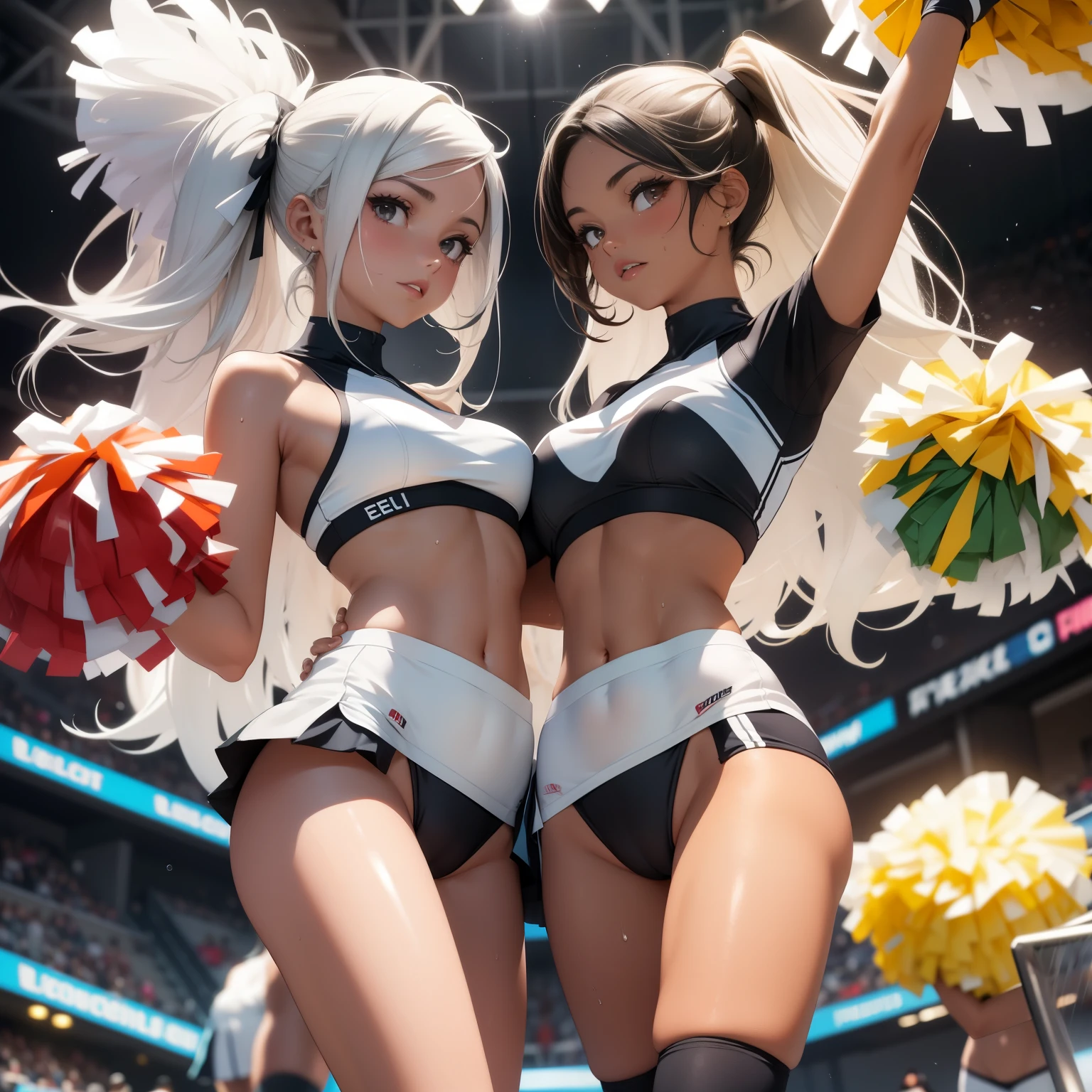 quality,busty figure,squatt,legs separated,Facing the lens,Transparent Cheerleading Outfits,cabelos preto e longos,White-colored skin,sweat leggs