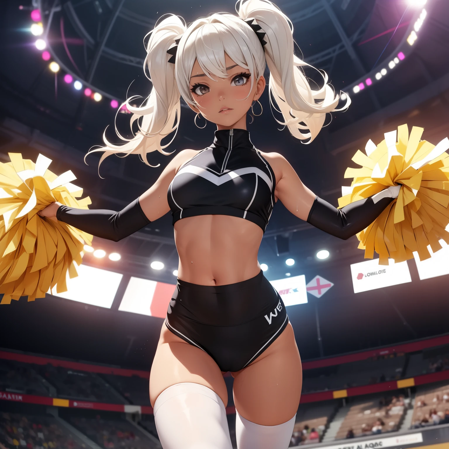 quality,busty figure,squatt,legs separated,Facing the lens,Transparent Cheerleading Outfits,cabelos preto e longos,White-colored skin,sweat leggs