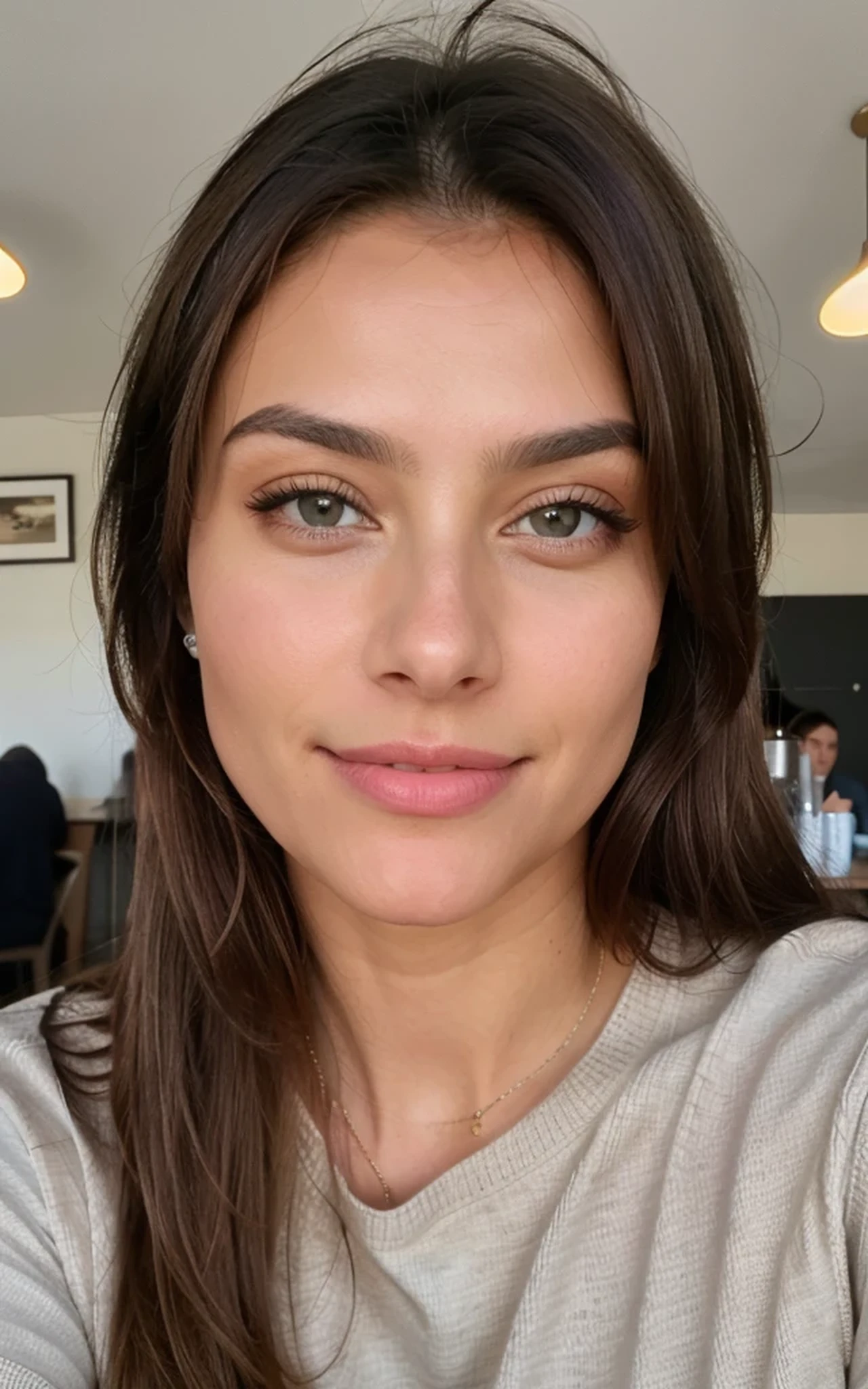 Pretty brunette with blonde highlights wearing a beige sweater with a white t-shirt underneath, rosto detalhado, is in a cafe having a cappuccino, 22 anos, rosto inocente, cabelos ondulados naturais, olhos castanhos, high resolution, master part, melhor qualidade, Alto detalhe intrincado, altamente detalhado, Crisp Focus, pele detalhada, textura realista da pele, textura, olhos detalhados, profissional, 4k, sorriso encantador, filmado na Canon, 85 millimeters, profundidade de campo rasa, Cor Kodak Vision, corpo de ajuste perfeito, extremamente detalhado, fotografiar_\(Ultra\), photoreallistic, Realista, Post-processing, maximum details, rugosidade, vida real, Ultra realist, fotorrealismo, fotografia, 8k UHD, fotografia