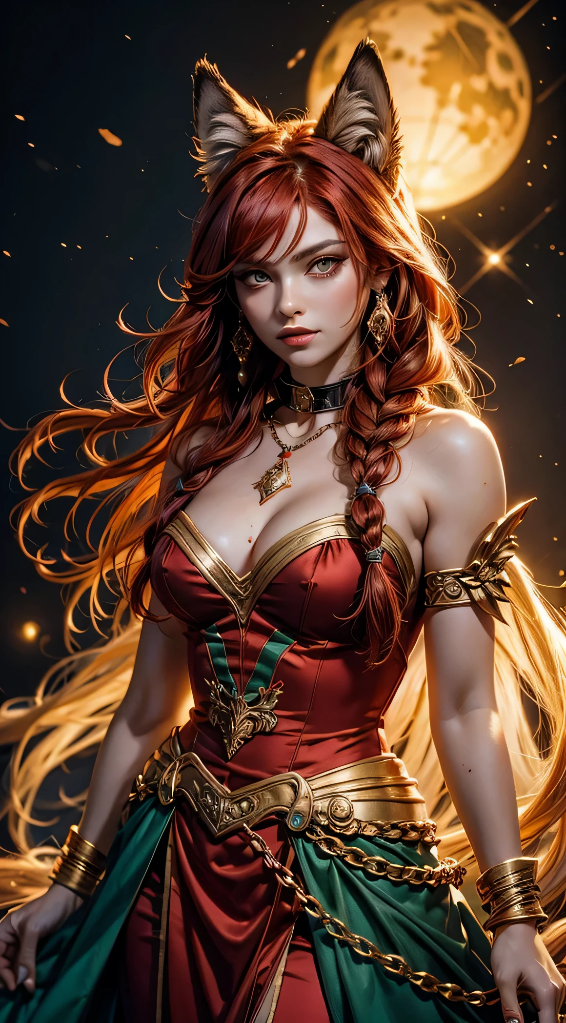 Red Wolf Girl, red hair with white rose braids, Yellow eyes, wolf ears on the head, dressed in a satin emerald dress in hussar style, stand-up collar, gold pendants with chains on the chest, Hairstyle from hair, graceful, overdetalization, Masterpiece, hyper realisitc, 4k? Full HD