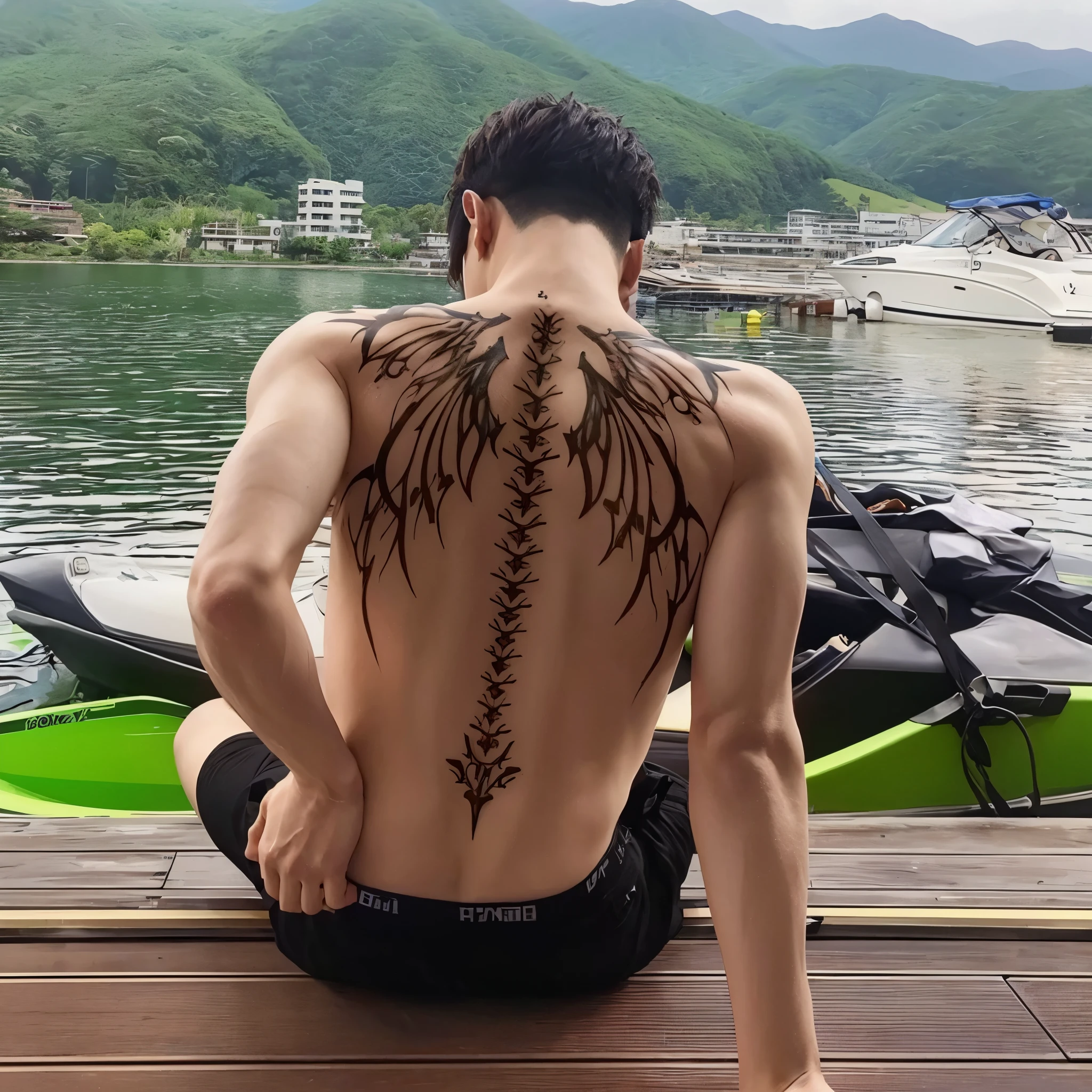 Hyunjun hur actor y idol de kpop mas realismo en la espalda tatuaje.